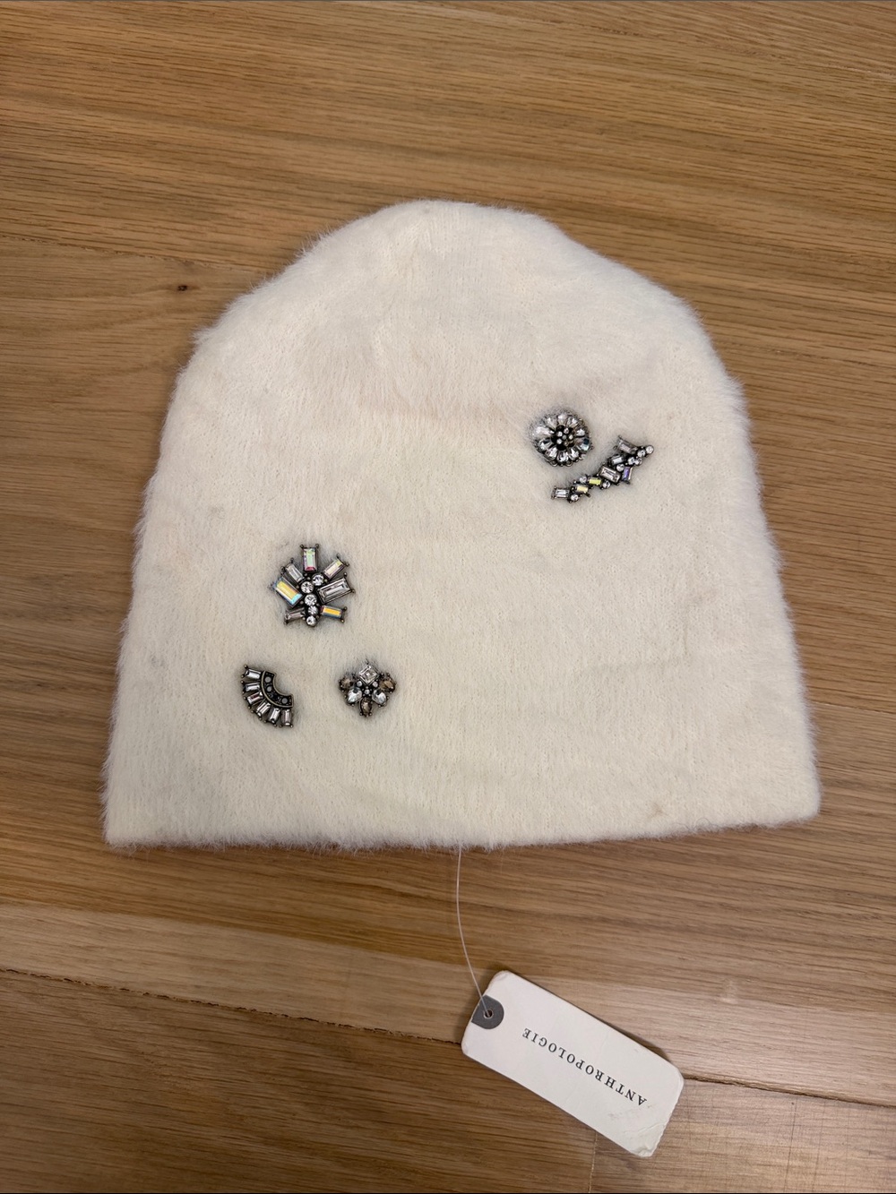Anthropologie Cream Beanie with Crystal Accent Pins